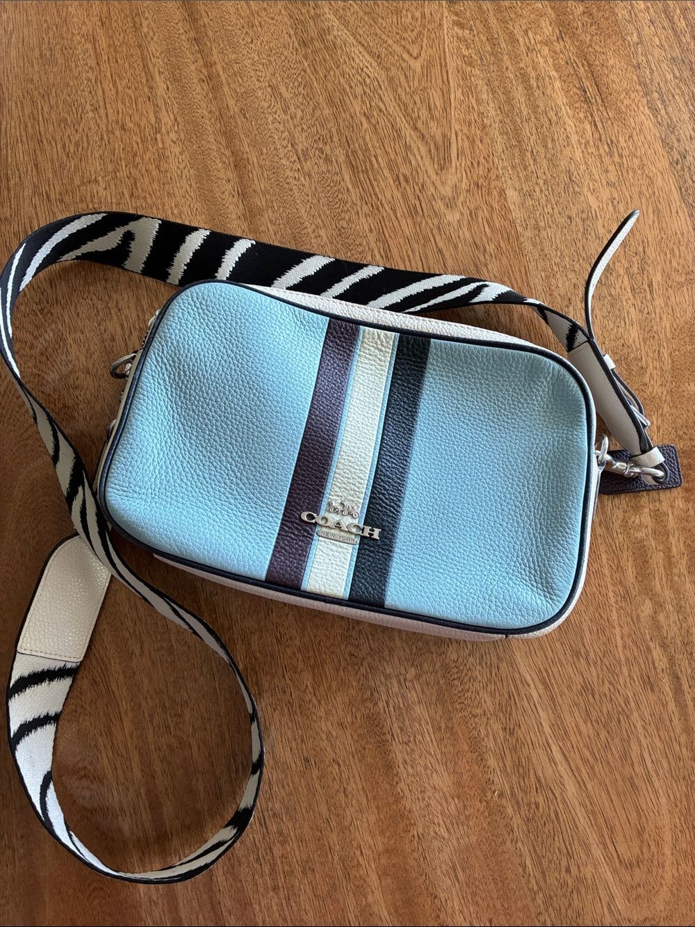 Coach Jes C4079 Crossbody Bag Waterfall Blue Colorblock Zebra Strap Leather